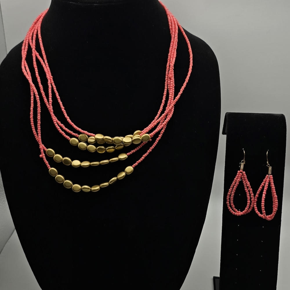 Coral/Salmon and Gold Beaded Necklace Set